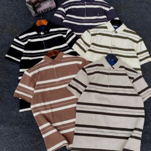 Strip Short Sleeve Collar Neck T-shirt